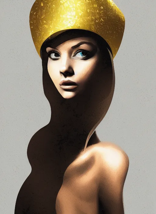 Image similar to a portrait of a beautiful girl in a gold foil hat painted by Petros Afshar and James Gilleard