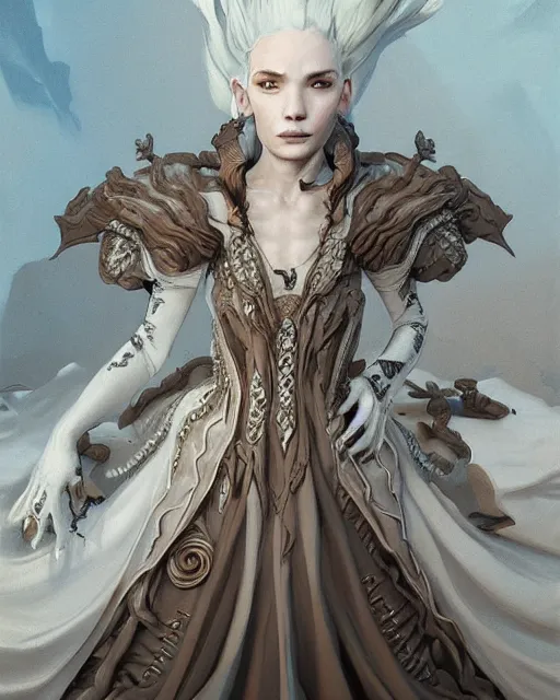 Image similar to portrait of a baroque princess dress from the fantasy world for the dragon queen atey gaylan, wonderful eyes, greg rutkowski, greg tocchini, james gillard, joe fenton, kete butcher, dynamic lighting, gradient light blue, brown, light cream and white colors, grunge aesthetics, detailed and complex environment