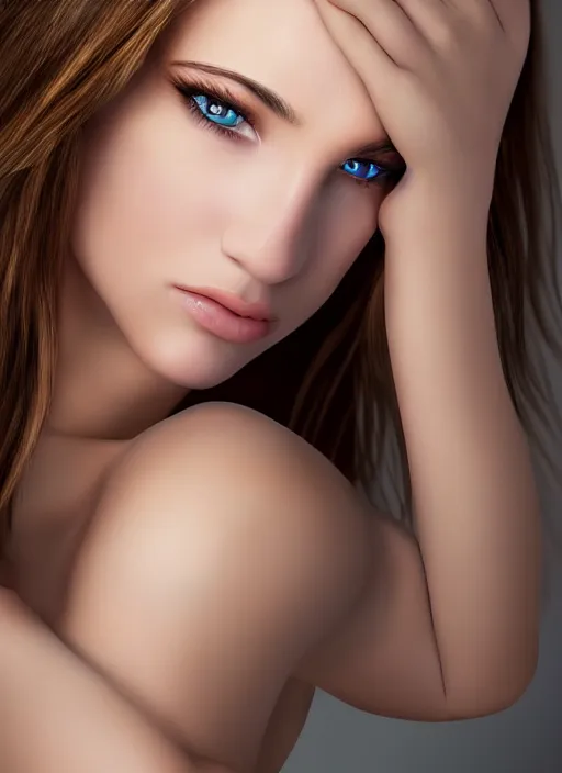 Image similar to gorgeous female photo, professionally retouched, soft lighting, realistic, smooth face, full body shot, torso, perfect eyes, intriguing look, enticing, romantic, agitated appearance, untidy, playful, sharp focus on eyes, 8 k, high definition, insanely detailed, intricate, elegant, art by artgerm and j scott campbell