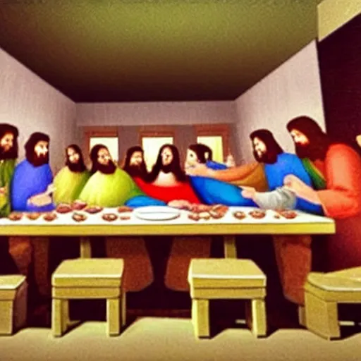 Image similar to a photograph of jesus and his disciples having the last supper at dave and busters restaurant