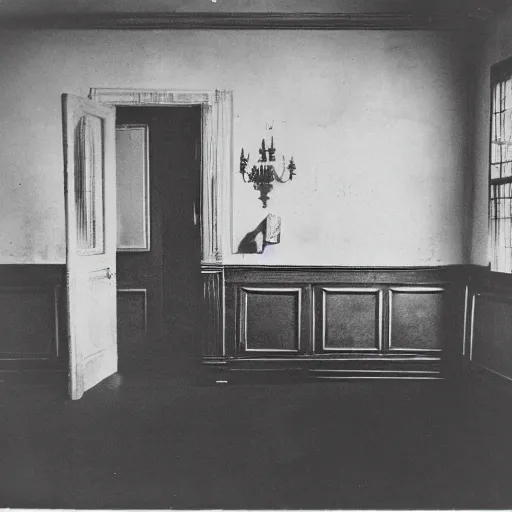 Image similar to photograph from 1900 of a ghost in a mansion. Black and white. Film.
