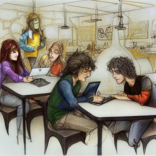 Prompt: brian froud drawing of college students in a cafe with their laptops open