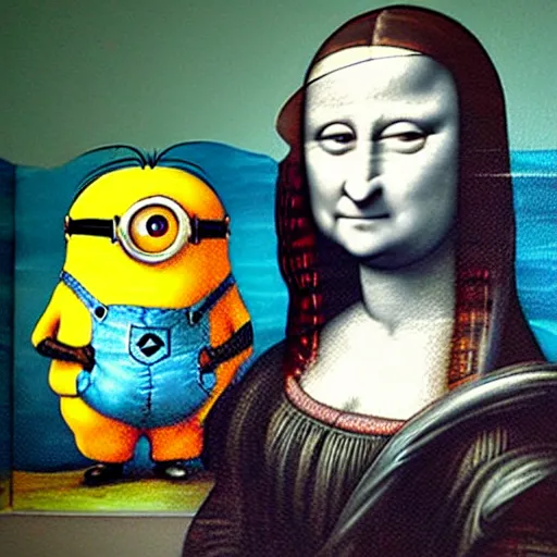 Image similar to minion, painting, davinci, mona lisa in background