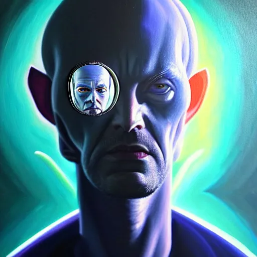 Prompt: stunning painting of wise man looks at mirror, see himself as an alien by concept art, character art, sci - fi, masterpiece, ultra detailed face and eyes, weird objects, cinematic, sharp focus, centered, 8 k hd resolution