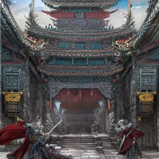 Image similar to dynamic composition, motion, ultra-detailed, incredibly detailed, a lot of details, amazing fine details and brush strokes, colorful and grayish palette, smooth, HD semirealistic anime CG concept art digital painting, watercolor oil painting of epic castle gate, from Three Kingdoms, by a Chinese artist at ArtStation, by Huang Guangjian, Fenghua Zhong, Ruan Jia, Xin Jin and Wei Chang. Realistic artwork of a Chinese videogame, gradients, gentle an harmonic grayish colors.