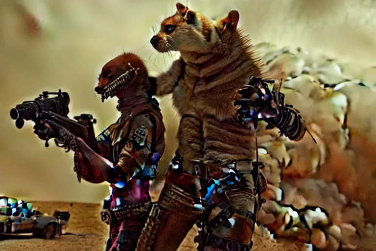 Image similar to a good ol'weasel fursona ( from the furry fandom ), heavily armed and armored facing down armageddon in a dark and gritty version from the makers of mad max : fury road. witness me.