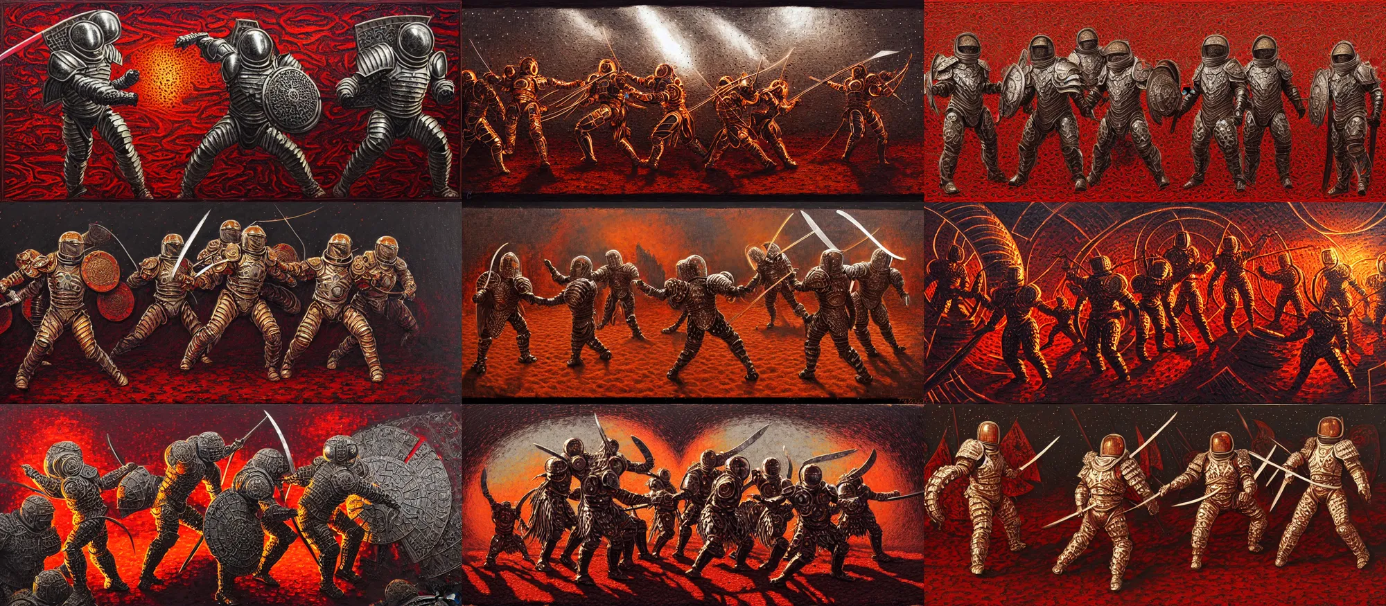 Prompt: battle scene, astronauts - gladiators, fractal armor with girih bargello pattern, lorica segmentum, tonalist, symbolist, figurative, swordfighting, chiaroscuro, grisaille, palette knife, heraldry, frenetic, stippling, shadows, luminous, sublime, edge lighting, burnt sienna, venetian red