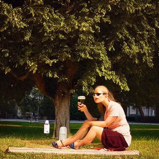 Image similar to “ girl drinking a beer under a tree, by evan cohen ”