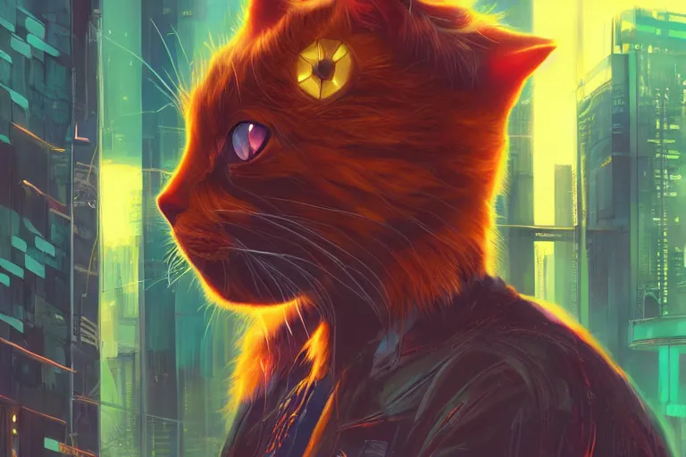 Image similar to cyberpunk ginger cat in the city, neon backlighting, digital art, trending on artstation, fanart, by kawacy