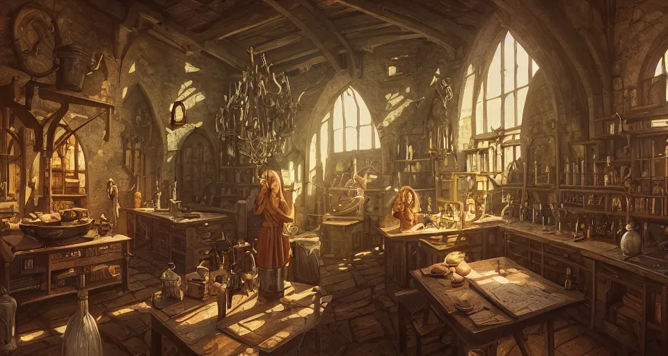 Image similar to highly detailed medieval alchemy lab in a castle, stephen bliss, unreal engine, greg rutkowski, loish, rhads, beeple, makoto shinkai and lois van baarle, ilya kuvshinov, rossdraws, tom bagshaw, tom whalen, alphonse mucha, global illumination, god rays, detailed and intricate environment