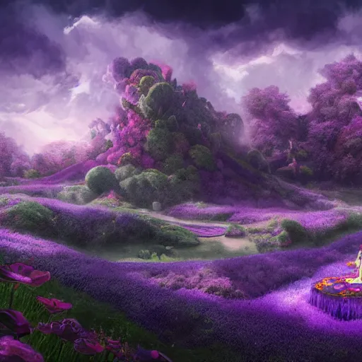 Image similar to landscape of an alice and wonderland themed landscape, purple clouds look the sky, dynamic lighting, fantasy concept art, trending on art station, stunning visuals, creative, cinematic, ultra detailed