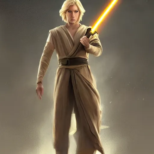 Image similar to a young blonde male jedi with short hair looking away at a threat full body shot concept art by Doug Chiang cinematic concept art, realistic painting, high definition, digital art, matte painting, symmetrical, very detailed, realistic, dramatic lighting, cinematic, establishing shot, extremely high detail, photo realistic, cinematic lighting, post processed, concept art, artstation, matte painting, red color scheme