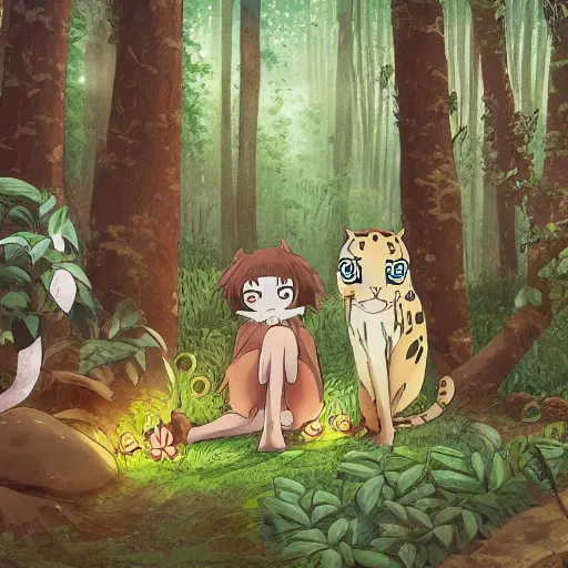Prompt: wild animals with friendly boy in the night in the forest in ghibli style, smooth, anime 8k, detailed face, flowers, clean, detailed face, detailed animal,