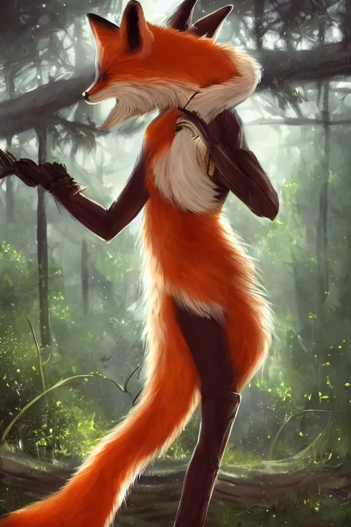 Prompt: a medevial anthropomorphic fox assassin with a fluffy tail in a forest, trending on pixiv, detailed, anime, warm lighting, backlighting, trending on furaffinity, furry art, fantasy art