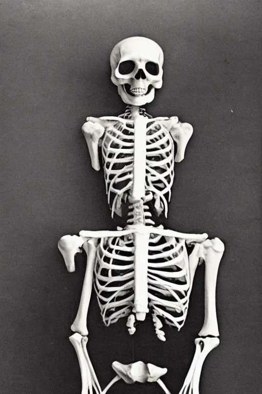Prompt: a full - length photo of skeleton sitting and waiting for a doctor