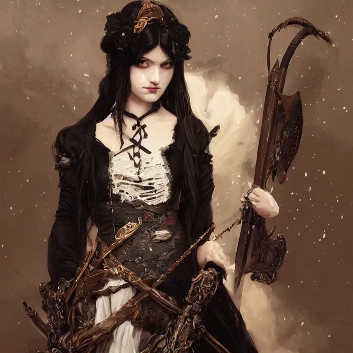 Image similar to young girl holding quiver, full body, victorian goth, white powder makeup, dark lipstick, asian black hair, d & d, fantasy, intricate, elegant, highly detailed, digital painting, artstation, concept art, matte, sharp focus, illustration, art by artgerm and greg rutkowski and alphonse mucha