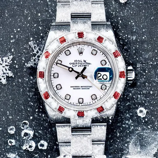 Prompt: rolex covered in ice, in the snow