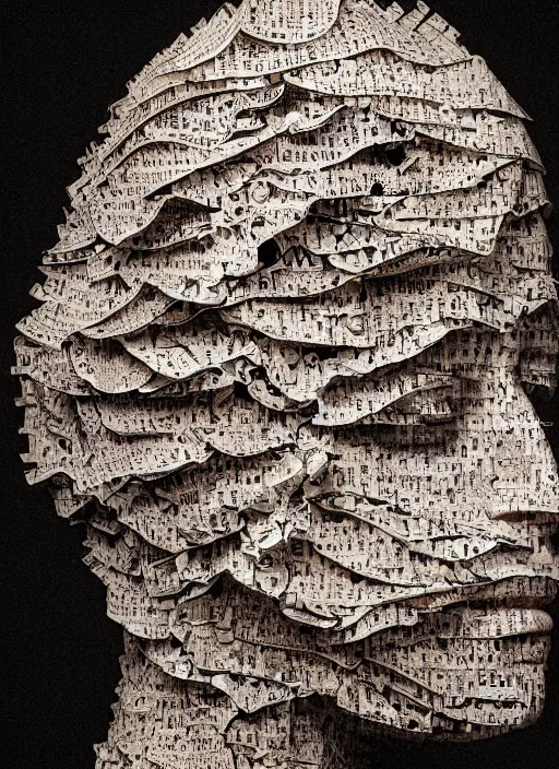 Image similar to a woman's face in profile, made of pages skeleton, in the style of the Dutch masters and Gregory Crewdson, dark and moody