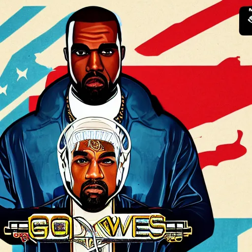 Prompt: illustration gta 5 artwork of holy saint kanye west, golden cross, in the style of gta 5 loading screen, by stephen bliss
