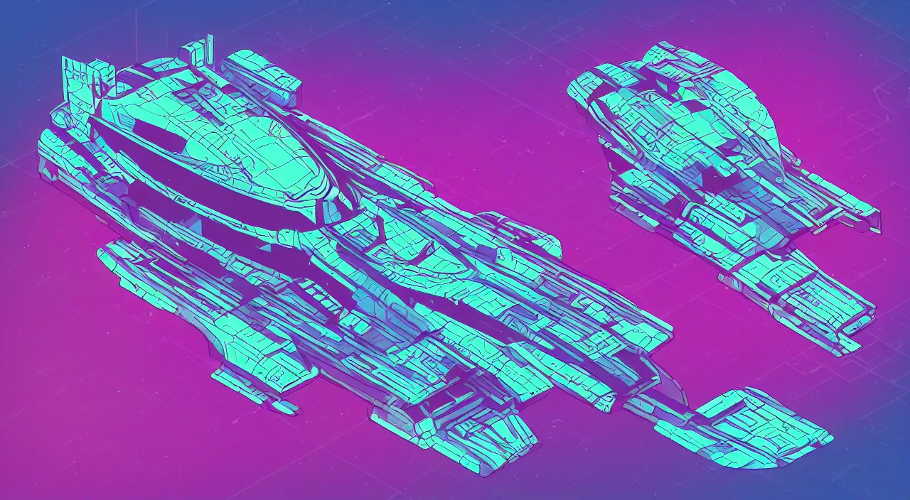 Image similar to spaceship, synthwave style, isometric illustration, technical drawing, vector art