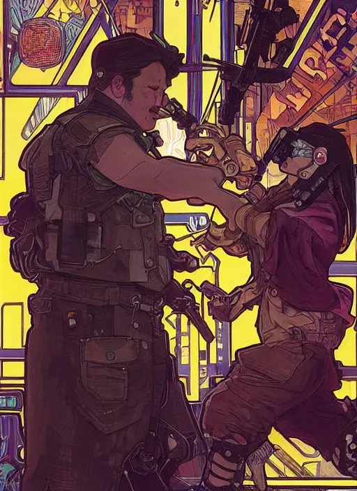 Image similar to cyberpunk paul blart fighting shoplifter. portrait by ashley wood and alphonse mucha and laurie greasley and josan gonzalez and james gurney. spliner cell, apex legends, rb 6 s, hl 2, d & d, cyberpunk 2 0 7 7. realistic face. vivid color. dystopian setting.