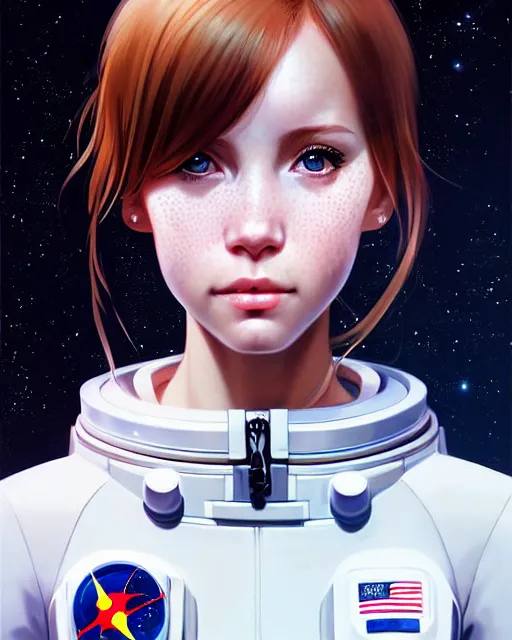 Image similar to portrait Anime space cadet girl Anna Lee Fisher cute-fine-face, pretty face, realistic shaded Perfect face, fine details. Anime. realistic shaded lighting by Ilya Kuvshinov Giuseppe Dangelico Pino and Michael Garmash and Rob Rey, IAMAG premiere, aaaa achievement collection, elegant freckles, fabulous