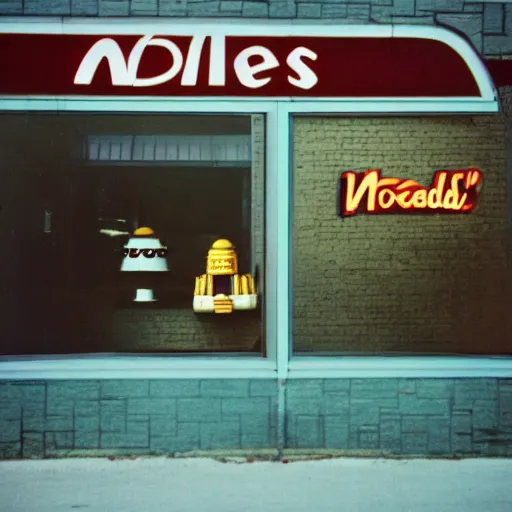 Prompt: daleks at a vintage McDonalds drive thru window, kodak Ektachrome 10, 35mm