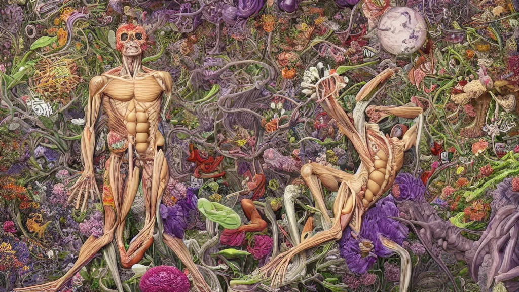 Image similar to highly detailed illustration of a human anatomy body exploded by all the known species of flowers by juan gatti, by moebius!, by oliver vernon, by joseph moncada, by damon soule, by manabu ikeda, by kyle hotz, by dan mumford, by kilian eng