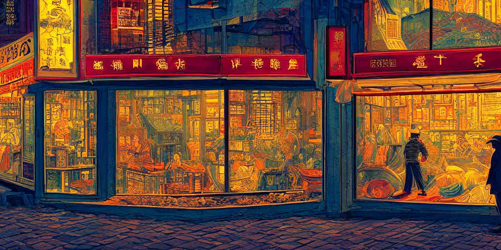 Prompt: s shop window in hong kong, by dan mumford and peter doig and edward hopper, heavy black lines, highly detailed, dramatic lighting, 8 k