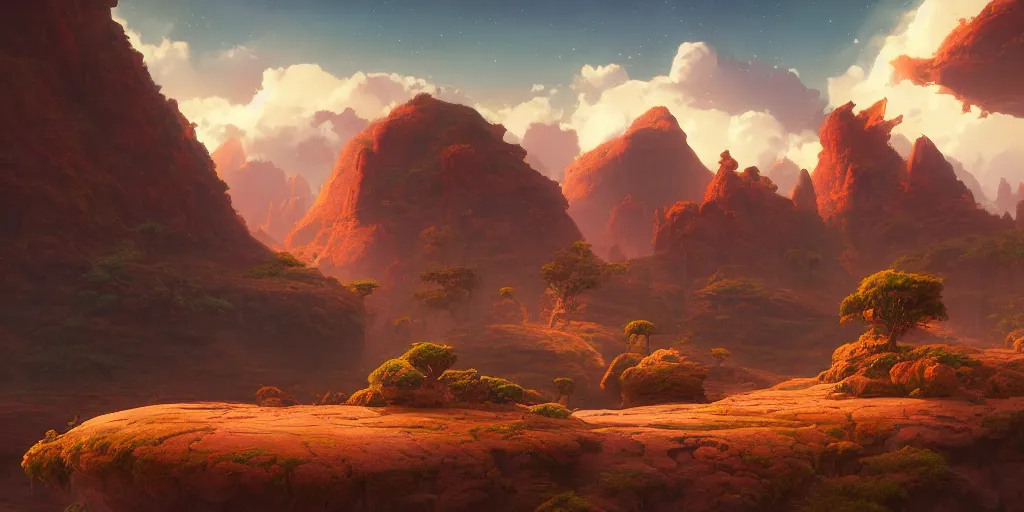 Prompt: a landscape on an alien planet, highly detailed oil painting, unreal 5 render, rhads, Bruce Pennington, Studio Ghibli, tim hildebrandt, digital art, octane render, beautiful composition, trending on artstation, award-winning photograph, masterpiece