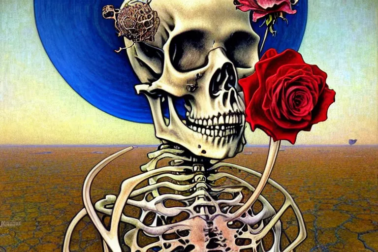 Image similar to realistic detailed portrait painting of a skeleton with a single rose in a dystopian desert by Jean Delville, Amano, Yves Tanguy, Alphonse Mucha, Ernst Haeckel, Edward Robert Hughes, Roger Dean, rich moody colours, blue eyes