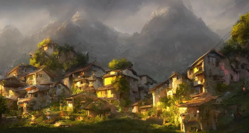 Image similar to beautiful peace loving village on a mountain slope, realistic concept art, eytan zana, one pixel brush, lavander and yellow color scheme, dramatic lighting, concept art, trending on artstation