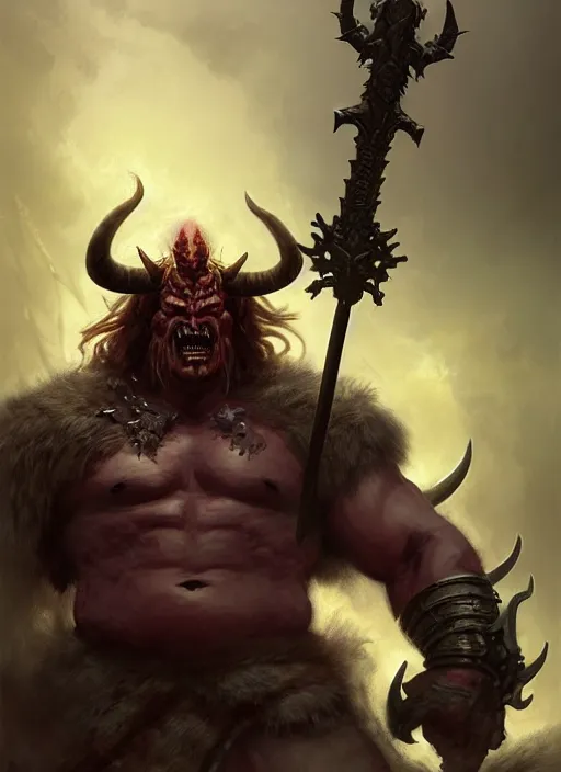 Prompt: a barbarian male horned demon with a huge sword and wings, dim light, front game card, marvel comics, dark, intricate, highly detailed, smooth, artstation, digital illustration by ruan jia and mandy jurgens and artgerm and wayne barlowe and greg rutkowski and zdislav beksinski