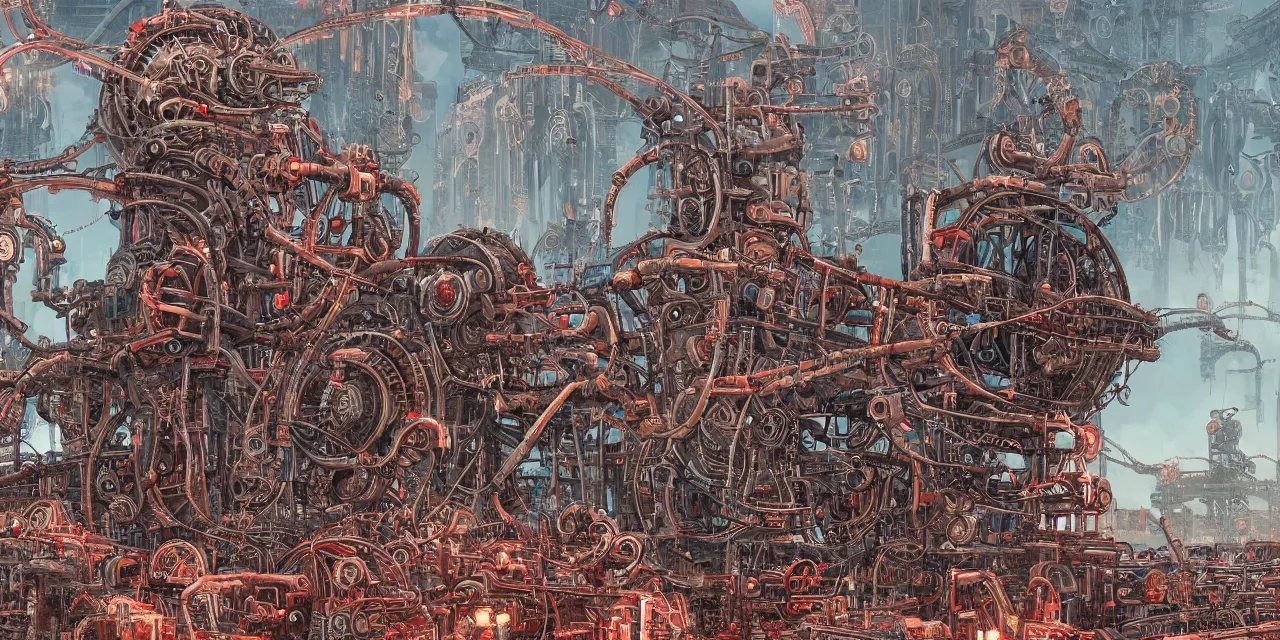 Prompt: hyper detailed comic illustration of a giant fleshy bio-mechanical machine tower with one eyeball at the top, overlooking a dystopian wasteland, bright colors with red hues