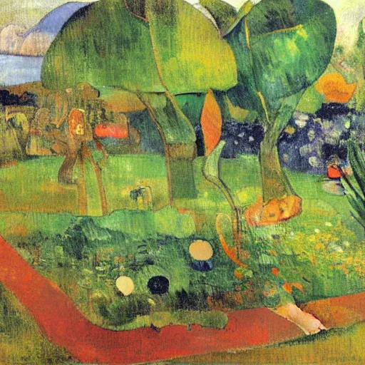 Prompt: a painting by gauguin of a small, intimate, well-designed garden