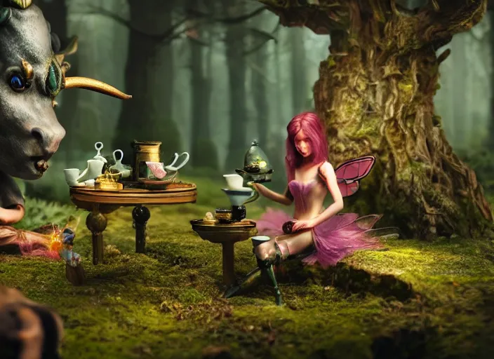 Image similar to tiny mechanical fairy having tea with a minotaur in a magical forest, having tea with a giant minotaur. Very detailed 8k. Fantasy cyberpunk horror. Sharp. Cinematic post-processing