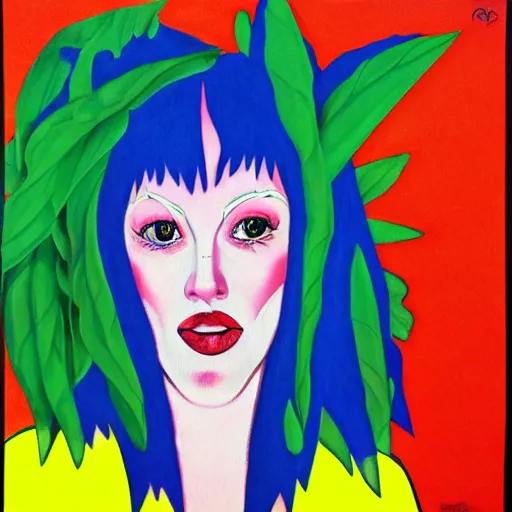 Prompt: a woman with red hair has green leaves on her forehead, a pop art painting by ed paschke, featured on deviantart, pop art, pop art, seapunk, vivid colors