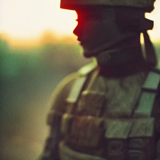 Image similar to close up kodak portra 4 0 0 photograph of a futuristic soldier after the battle standing in dark forestin crowd, flower crown, moody lighting, telephoto, 9 0 s vibe, blurry background, vaporwave colors, faded