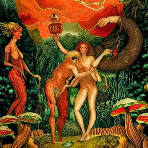 Prompt: kenophobia horror vacui depicting adam and eve, in the garden of eden, eating a giant psychedelic mushroom, snakes and angels are in the background,
