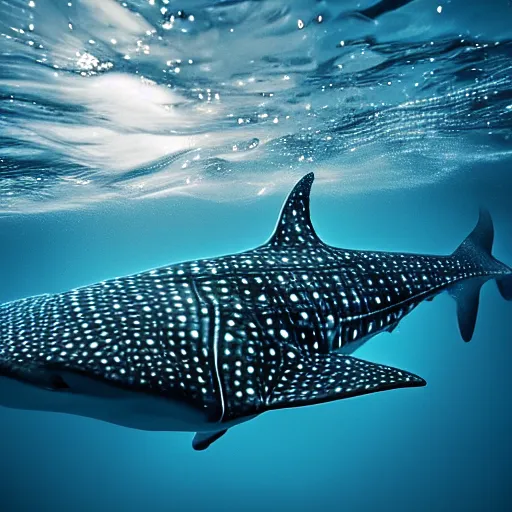 Prompt: a bioluminescent whale shark deep under the sea, award winning nature photography