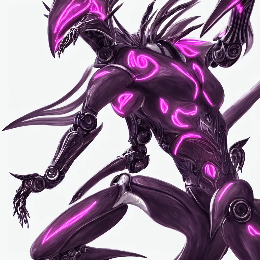 Image similar to highly detailed exquisite fanart, of a beautifulfemale warframe, but as an anthropomorphic robot dragon, shiny white silver armor engraved, Fuchsia skin beneath the armor, sharp claws, long tail, robot dragon hands and feet, elegant pose, close-up shot, full body shot, epic cinematic shot, professional digital art, high end digital art, singular, realistic, DeviantArt, artstation, Furaffinity, 8k HD render