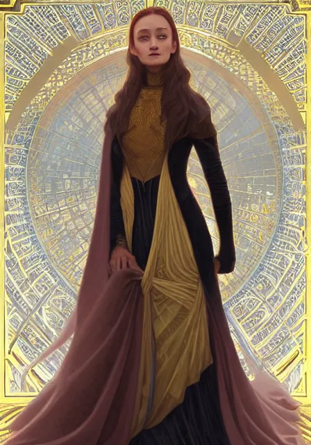 Prompt: sansa stark in gold, autumn, lights, sunny, intricate, elegant, highly detailed, digital painting, artstation, concept art, smooth, sharp focus, illustration, art by artgerm and greg rutkowski and alphonse mucha and william - adolphe bouguereau