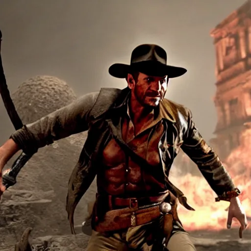 Image similar to a still of from the movie indiana jones and the temple of doom crossover with the game dark souls ii