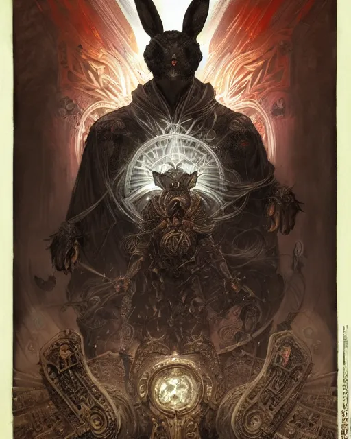 Image similar to Black rabbit monk, centered, portrait, symmetrical, Path of Exile, Diablo, Warhammer, digital painting, highly detailed, concept art, Nekro, Peter Mohrbacher, Alphonse Mucha, Brian Froud, Yoshitaka Amano, Kim Keever, Victo Ngai, James Jean