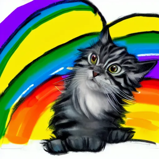 Image similar to wide angle full body, of a fluffy cute rainbow kitten wearing a black leather motorcycle jacket, concept art