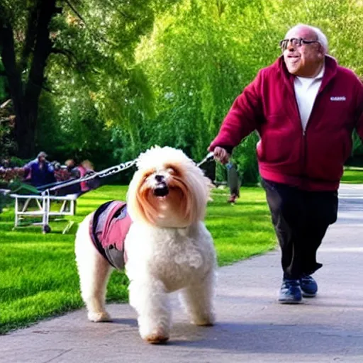 Prompt: a dog that looks like danny devito going for a walk in the park with its owner