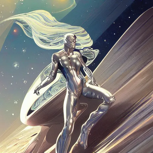 Image similar to silver surfer in space on top of a jdm car, intricate, elegant, highly detailed, digital painting, artstation, concept art, smooth, sharp focus, illustration, art by Krenz Cushart and Artem Demura and alphonse mucha