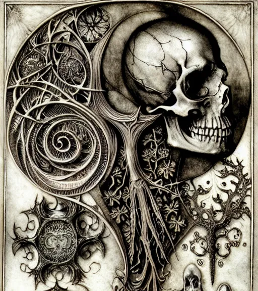 Image similar to memento mori by arthur rackham, art forms of nature by ernst haeckel, exquisitely detailed, art nouveau, gothic, ornately carved beautiful skull dominant, intricately carved antique bone, art nouveau botanicals, ornamental bone carvings, art forms of nature by ernst haeckel, horizontal symmetry, arthur rackham, ernst haeckel