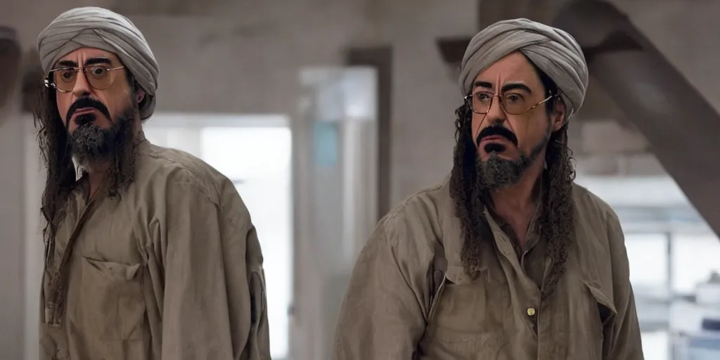 Image similar to Robert Downey Jr. as Osama Bin Laden in 'Big Bin' (2025), movie still frame, oscar nominated cinematography, volumetric lighting, 8k resolution, beautiful composition