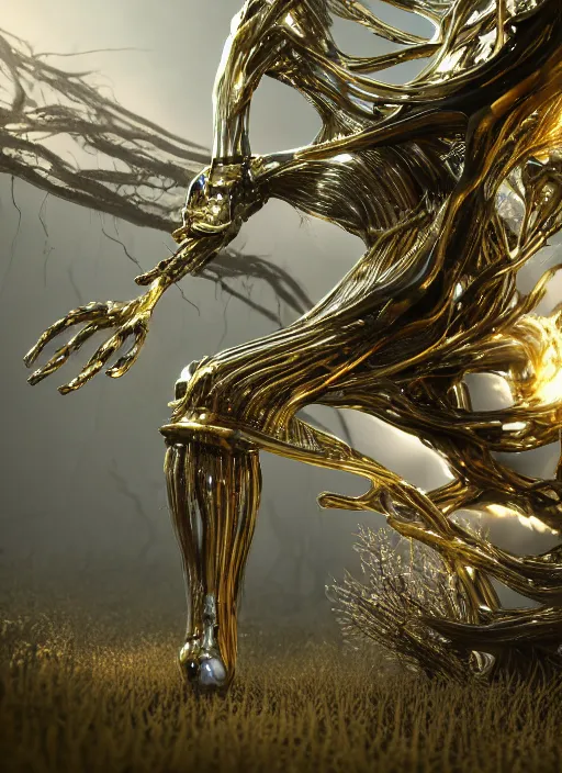 Prompt: cinematic forest lighting, beauteous practical sumptuous full body elegant pose, liquid white pearlescent, chrome, iridescent titanium hybrid biomechanical, crystal, gold, copper, bronze, crystalline masterpiece incrustations, hyperdetailed metalwork by h. r. giger movie still, octane render, unreal engine, crepuscular rays,